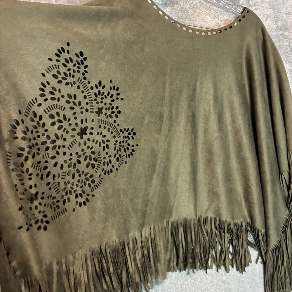 Cato Women Faux Suede Fringe Poncho One Size Olive Green Boho Western Festival